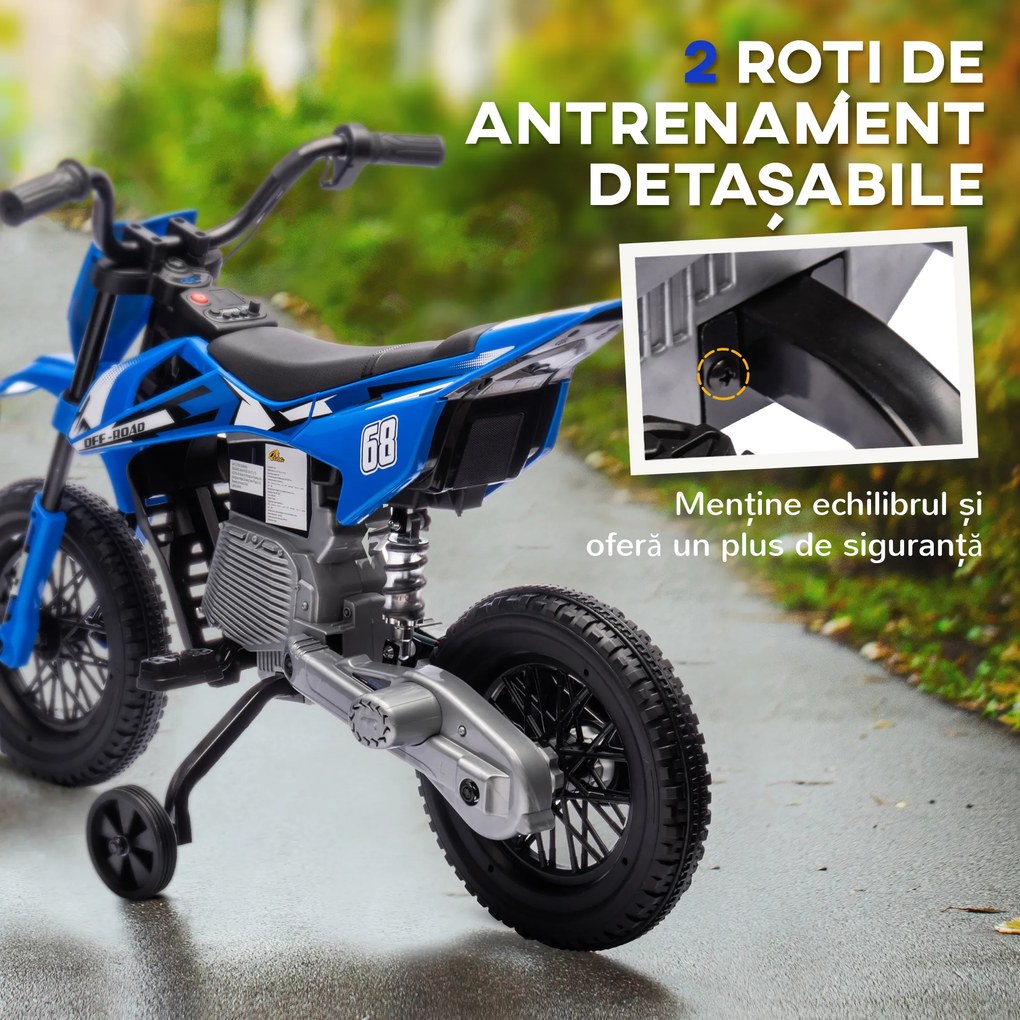 AIYAPLAY Motocicletă Electrică pentru Copii cu Roți Detașabile, Suspensii, Sunete și Indicator de Încărcare, Albastru | Aosom Romania
