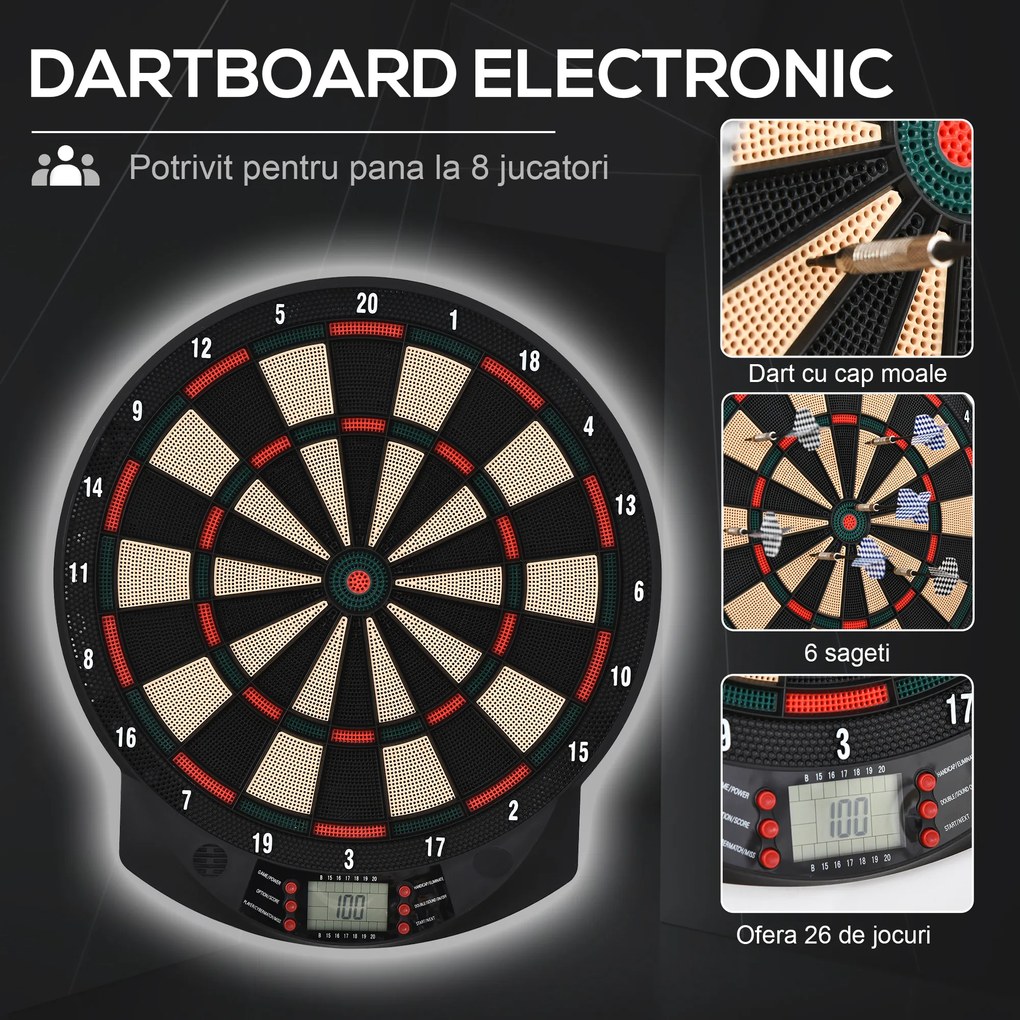 HOMCOM Țintă Electronică Darts, 6 Săgeți, Panou Scor Digital, 44x39.5x2.2cm, Negru, pentru Divertisment Acasă | Aosom Romania