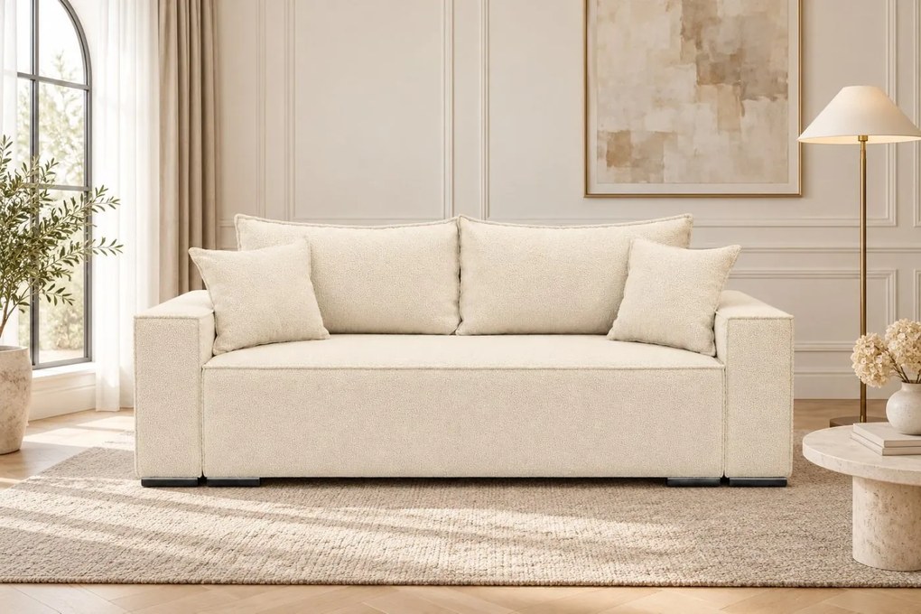 Canapea extensibilă Perla din boucle, crem, cu ladă de depozitare
