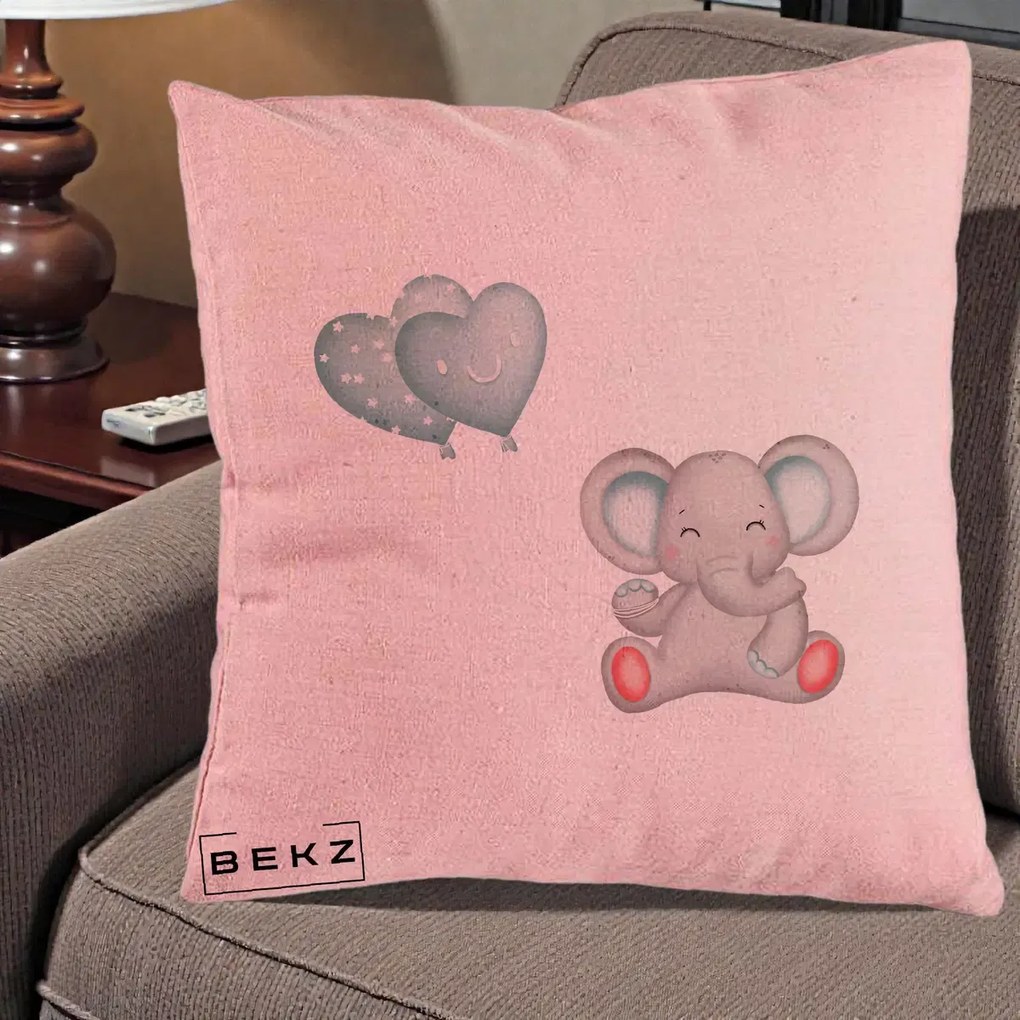Perna Decorativa, Model Elefant si baloane in forma de inimioare, 40x40 cm, Roz, Husa Detasabila, Perna Inclusa, BEKZ®