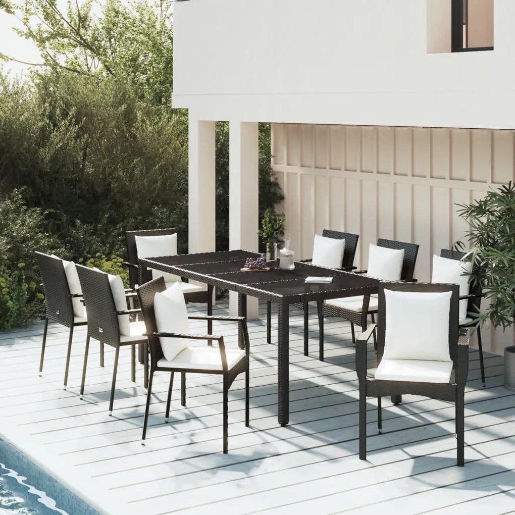 3157956 vidaXL Set mobilier de grădină cu perne, 9 piese, negru, poliratan