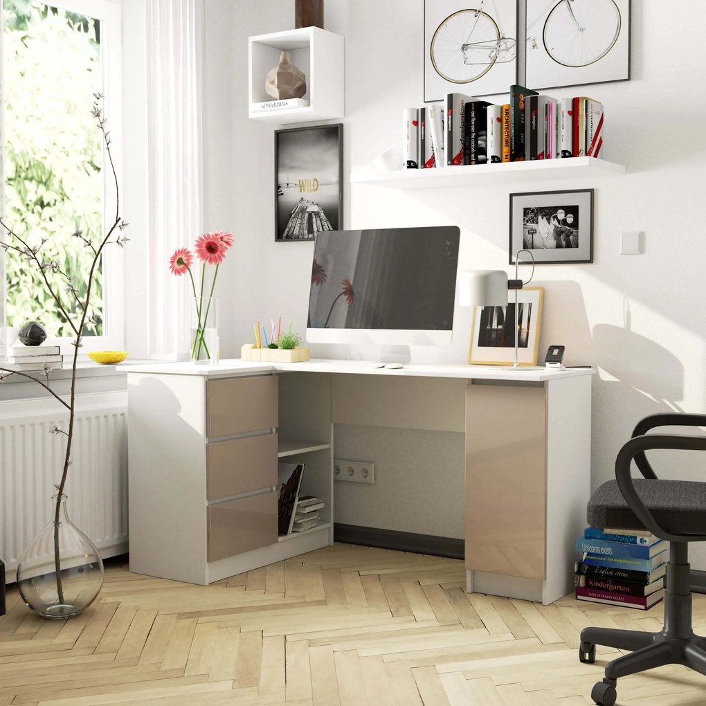 Masă PC de colț Bevin (alb + cappuccino lucios) (S). 1068970