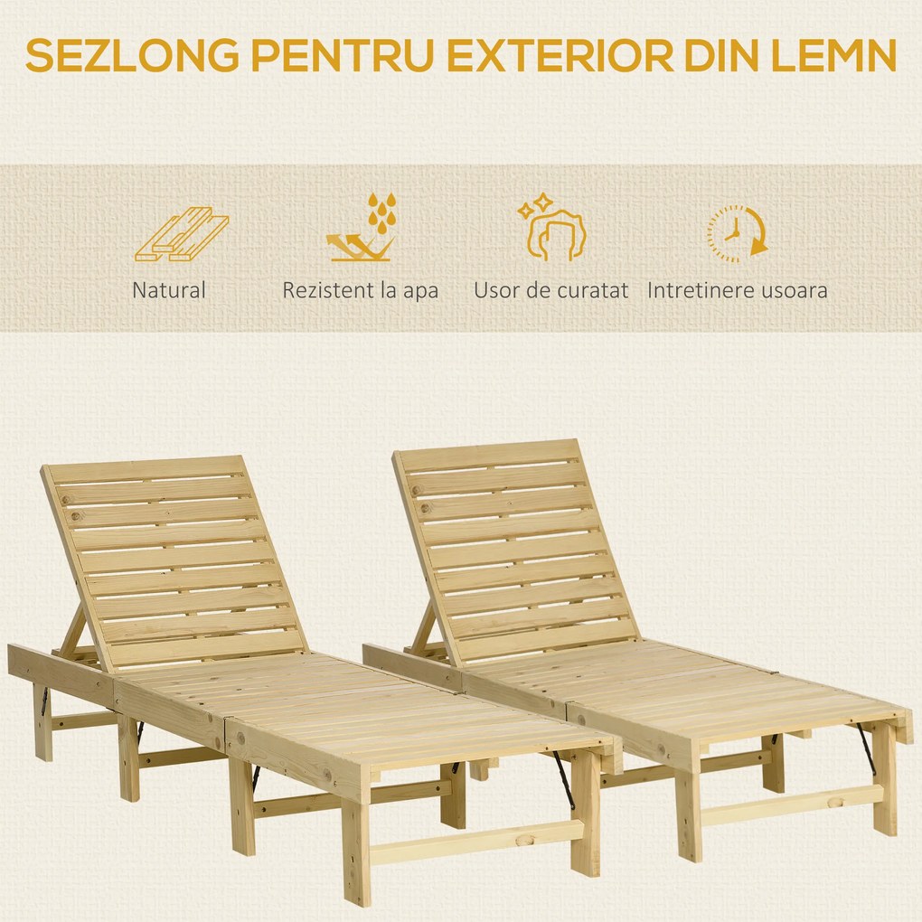 Sezlong pentru gradina Outsunny, lemn natural, reglabil, 195x59x30cm | Aosom Romania