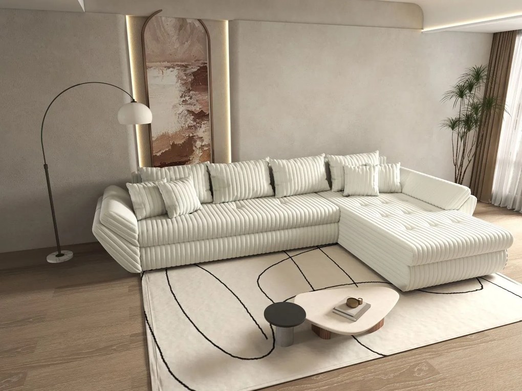 Colțar extensibil dumonde cu ladă de depozitare si sezut confortabil din spuma high-density, Loana XL Ambience Ivory II 335x185 cm