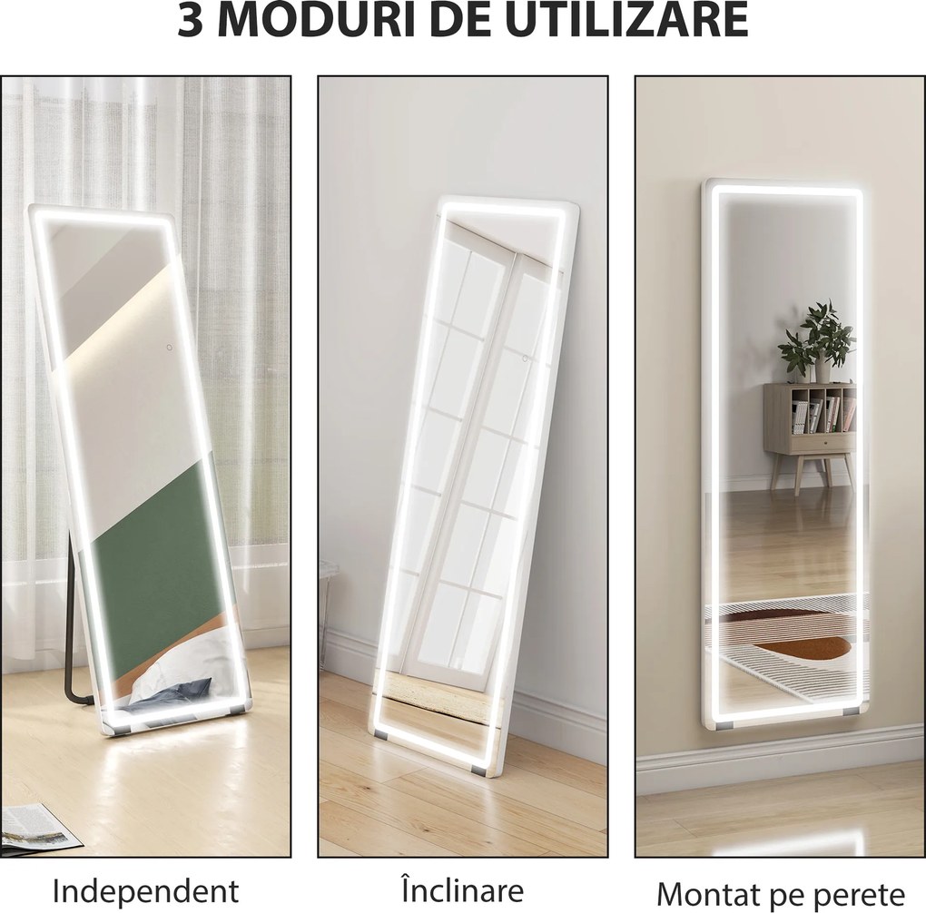 HOMCOM Oglindă de Corp Întreg cu LED, 150x50 cm, Iluminare în 3 Culori, de Podea, Sprijinită sau Montată pe Perete, Transparentă | Aosom Romania