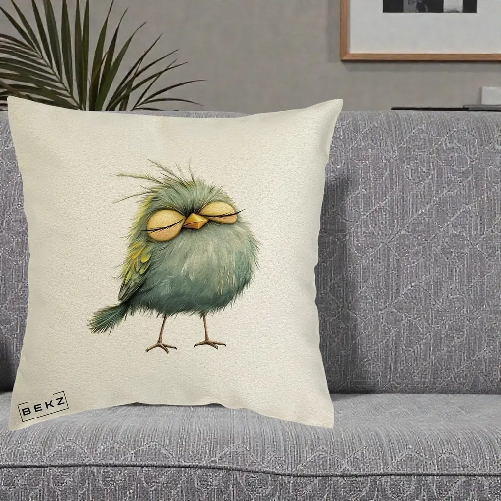 Perna Decorativa Pasare Teal Adormita cu Ochi Galbeni, 40x40 cm, Ecru, Husa Detasabila, Perna Inclusa, BEKZ®