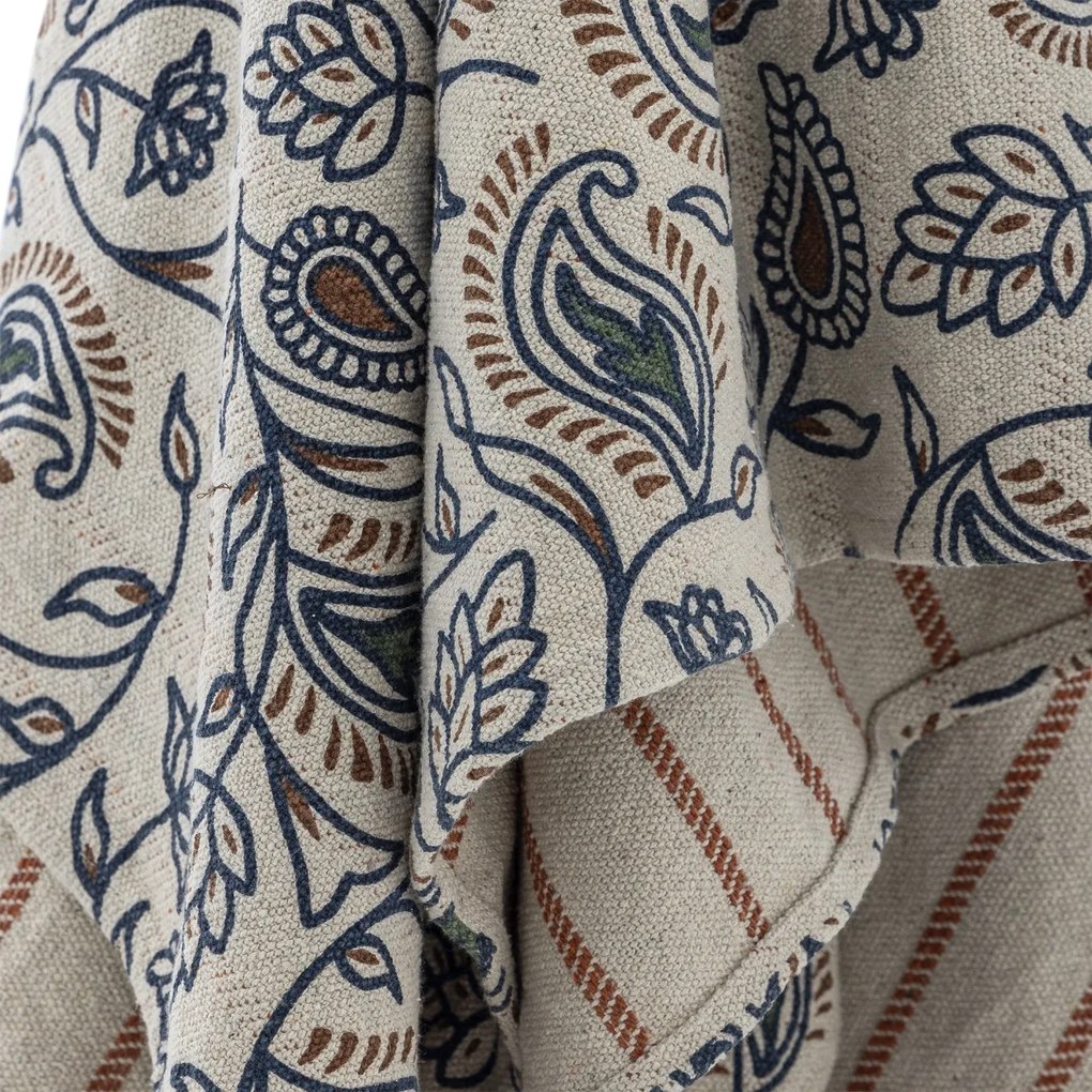 Pătură din bumbac reciclat, natur, cu model botanic în stil vintage, cu ciucuri maro, „Paisley", 160 x 130 cm