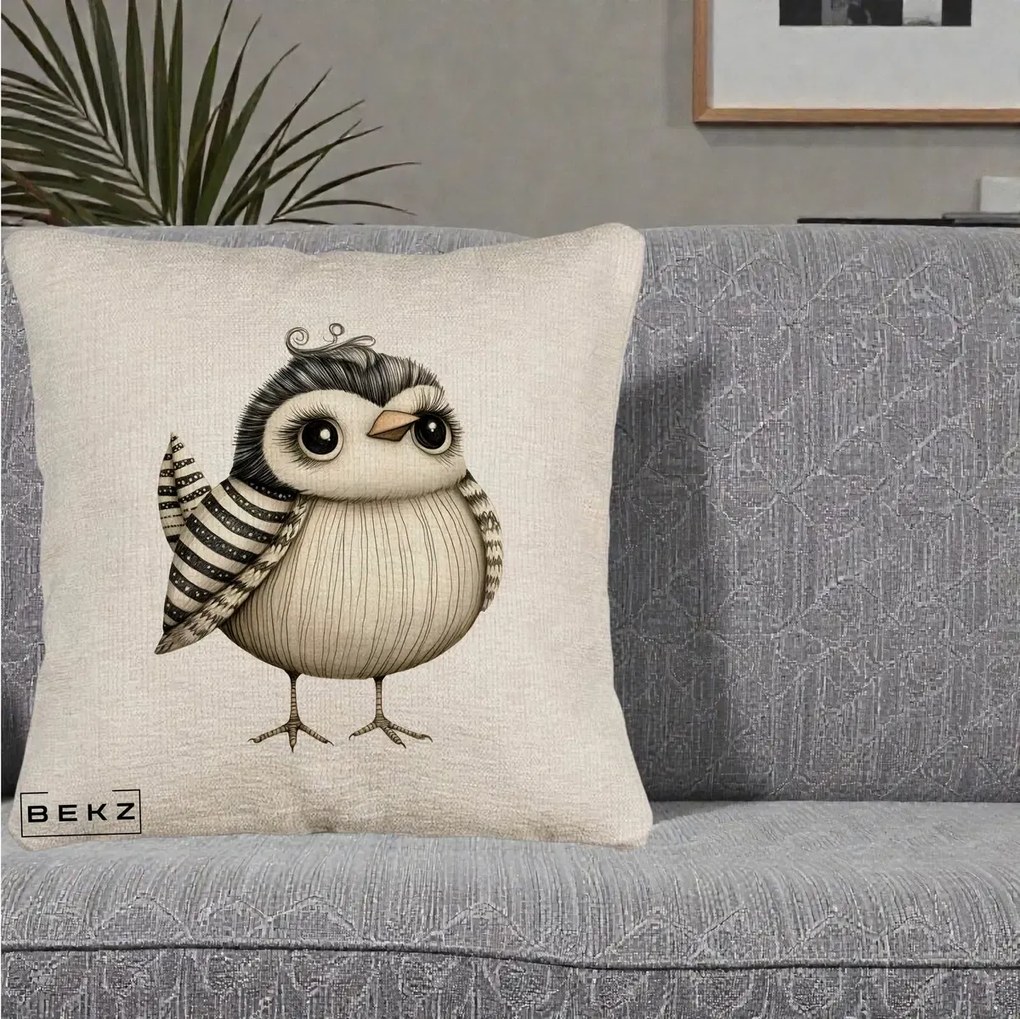 Perna Decorativa Pui Elegant Alb-Negru, 40x40 cm, Bej Canapea, Husa Detasabila, Perna Inclusa, BEKZ®