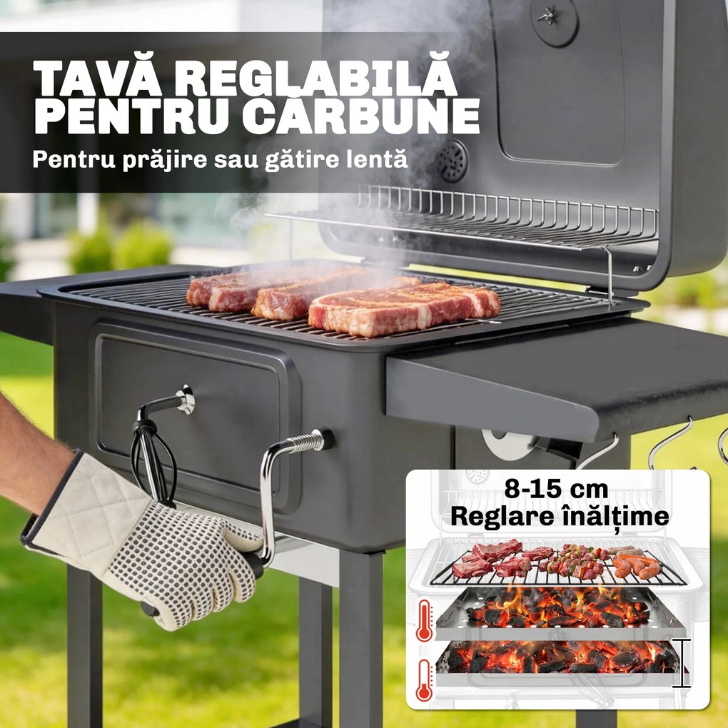 Outsunny Grătar pe Cărbune, Grătar Afumătoare cu Roți pentru Exterior, Negru | Aosom Romania