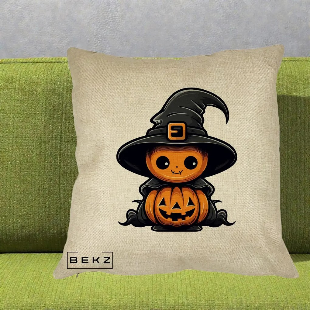 Perna Decorativa Halloween Dovleac Vrajitor Kawaii, 40x40 cm, Crem, Husa Detasabila, Perna Inclusa, BEKZ®