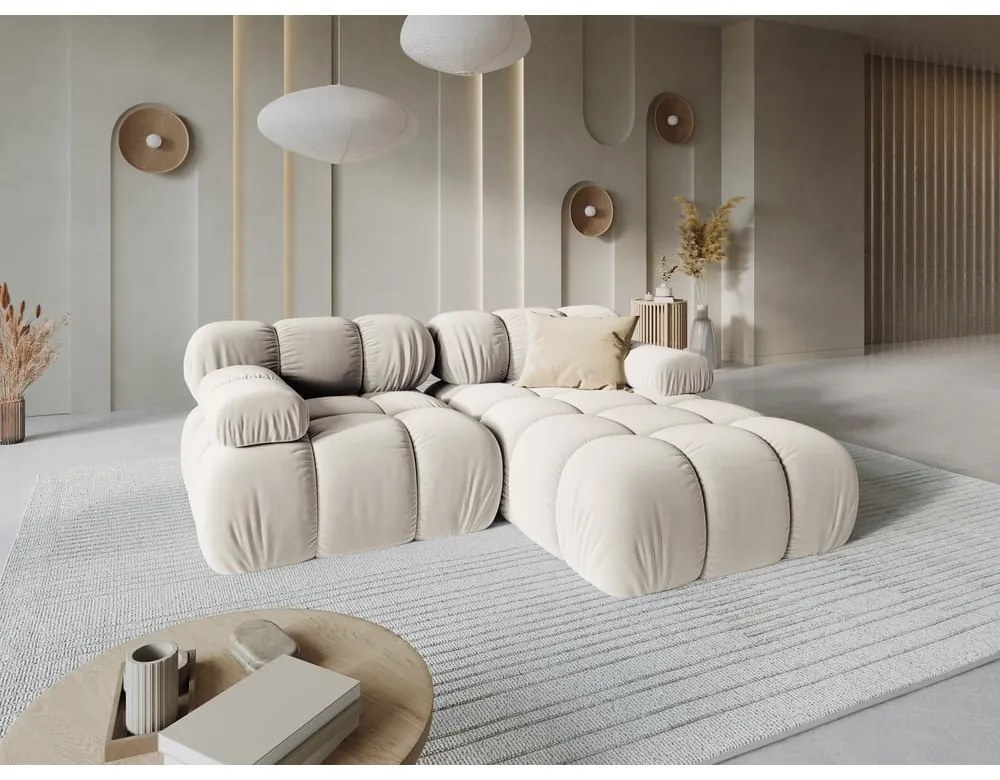 Colțar modular bej cu tapițerie din catifea (cu colț pe partea dreaptă) Bellis – Micadoni