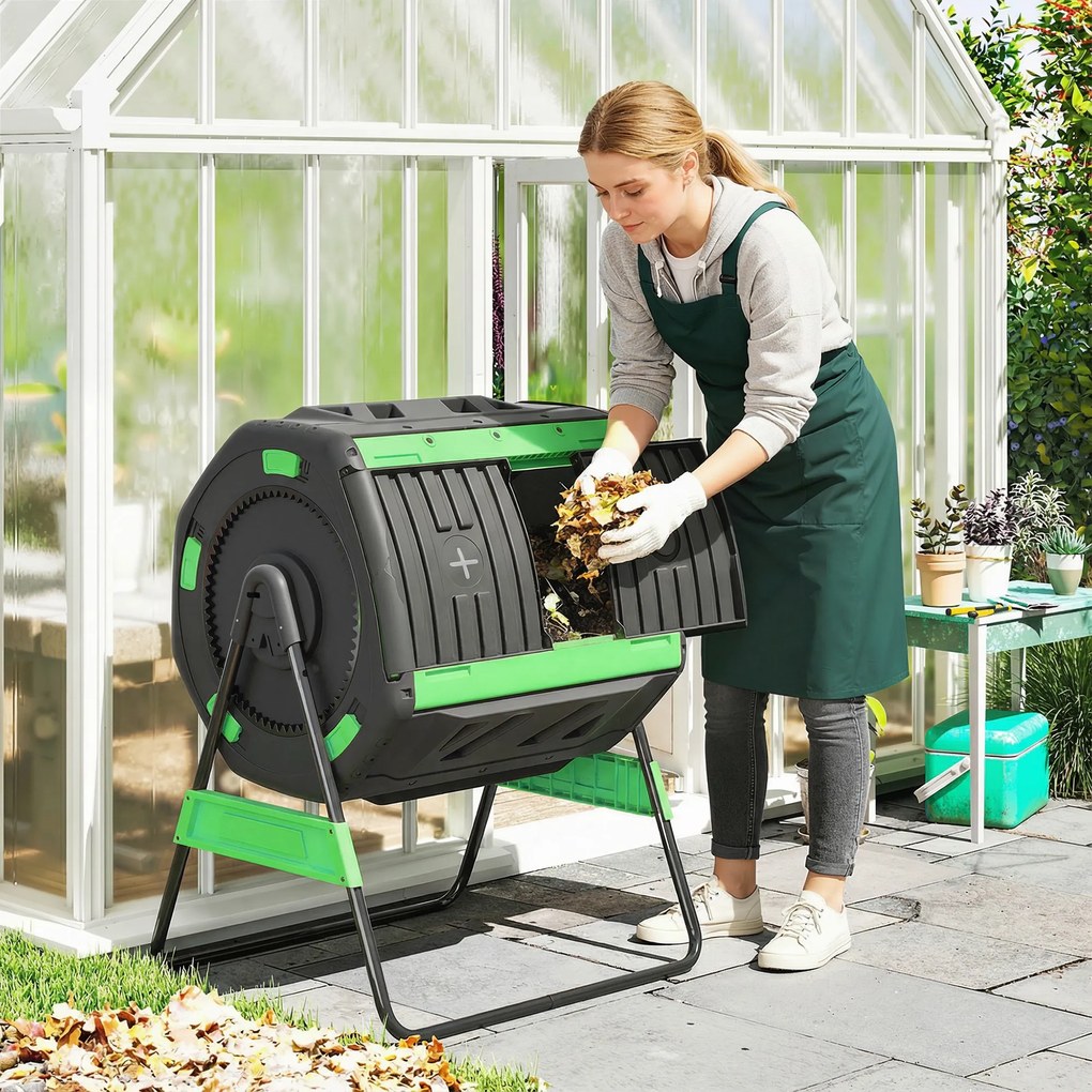 Compostor de Grădină Rotativ Outsunny 200L cu Cameră Dublă, Rotație 360°, Guri de Aerisire, Mănuși, din PP Fără BPA, pentru Compostare Deșeuri Organice din Bucătărie, Grădină și Curte | Aosom Romania