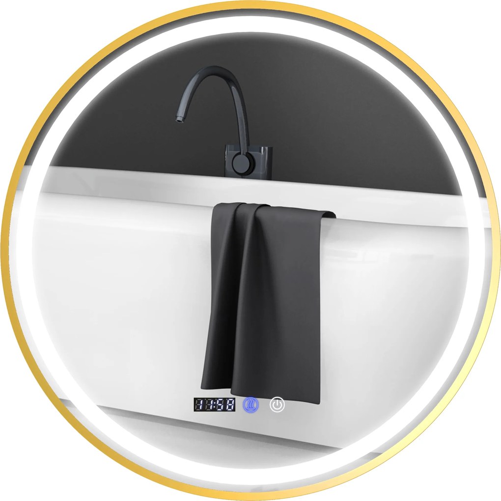 HOMCOM Oglindă rotundă de baie cu lumini LED, oglindă de baie cu funcție anti-aburire, operare tactilă, display | Aosom Romania