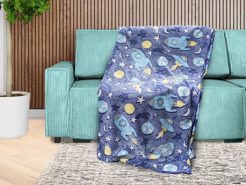 Patura fosforescenta microflanel COMET AND ROCKET 150x200 cm albastru-gri