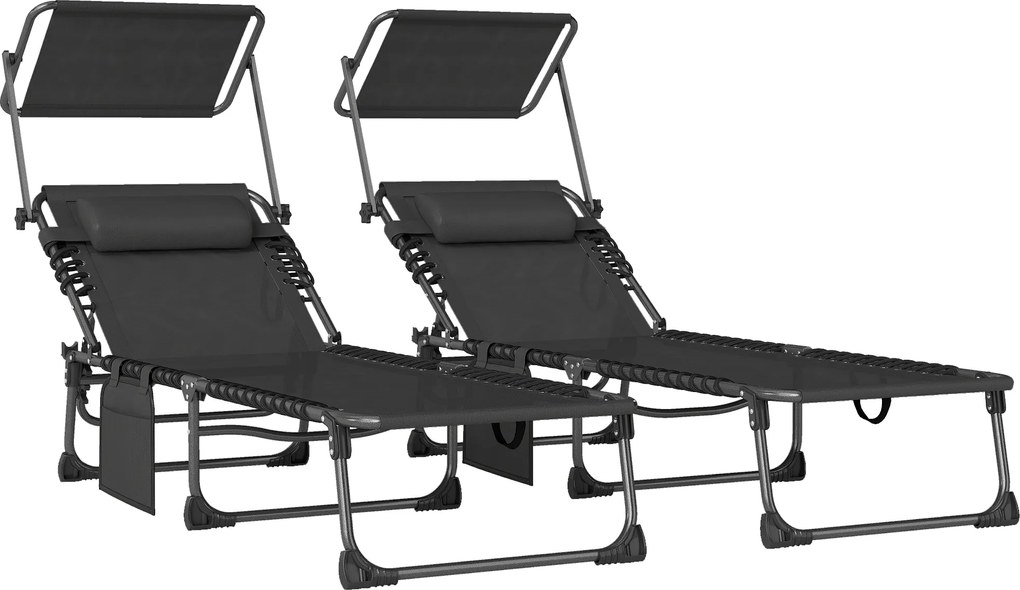 Outsunny Set de 2 șezlonguri pliabile cu suport pentru cap parasolar buzunar lateral și spătar reglabil în 5 poziții negru | Aosom Romania