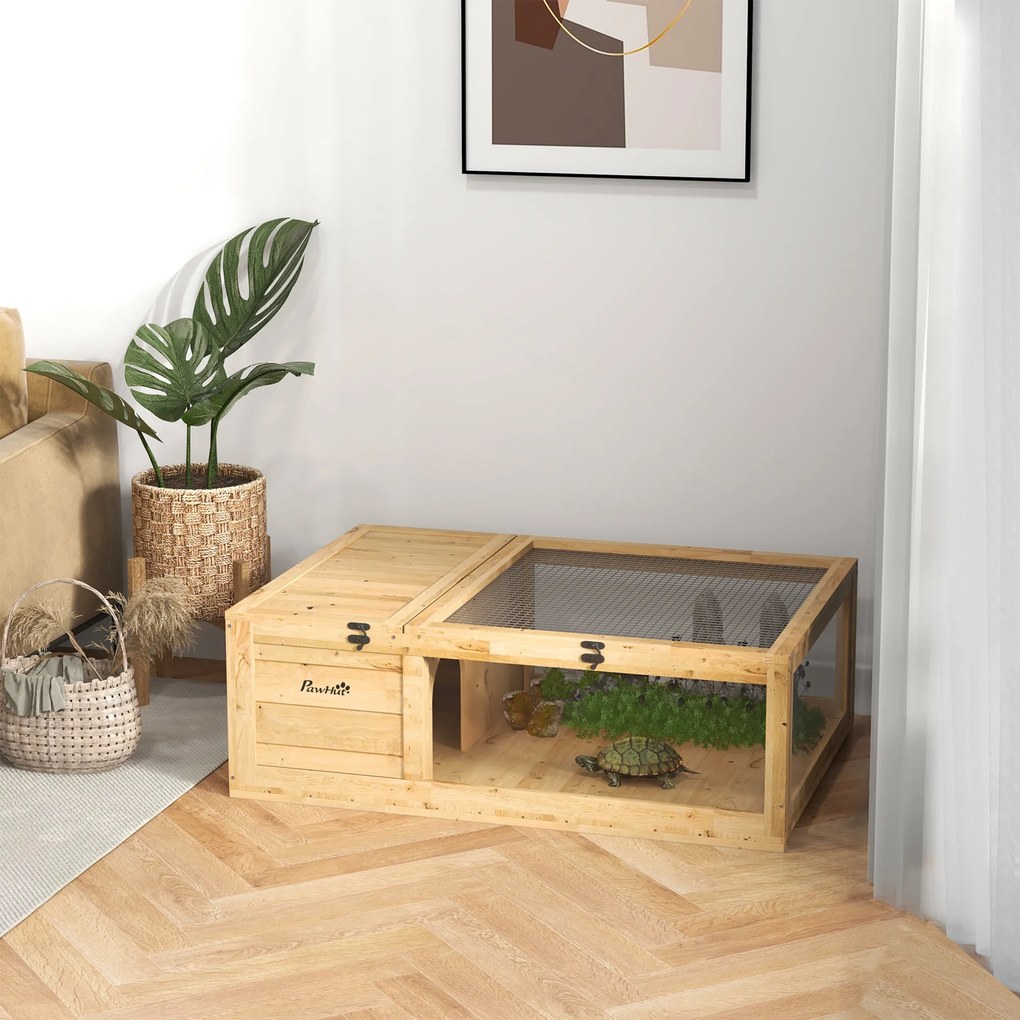 PawHut Cușcă pentru animale mici, broaște țestoase, cu 2 spații 91 x 60,5 x 32 cm lemn masiv galben deschis | Aosom Romania