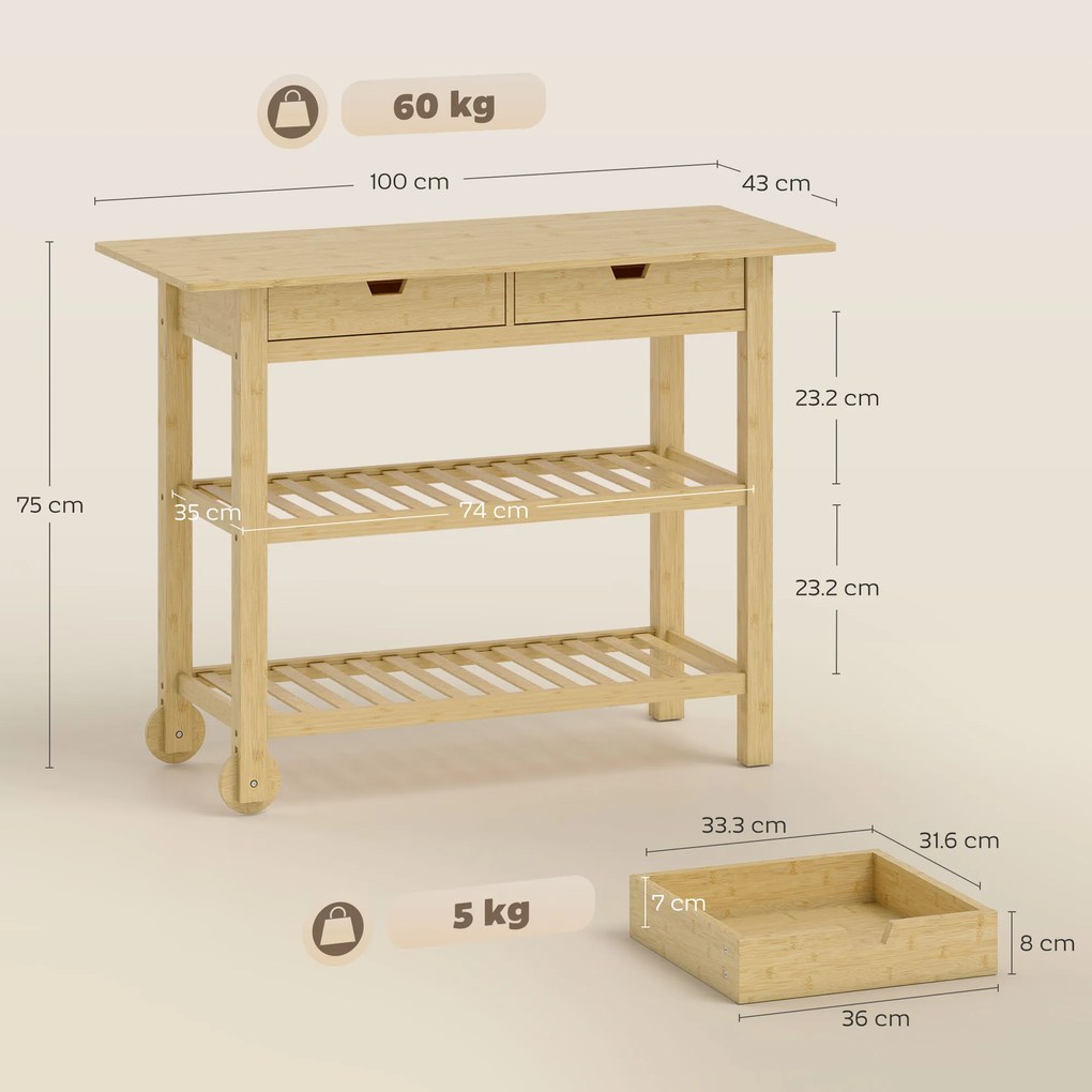 HOMCOM Cărucior de Bucătărie din Lemn de Bambus cu 2 Sertare, 2 Rafturi și 2 Roți, 100x43x75 cm, Lemn | Aosom Romania