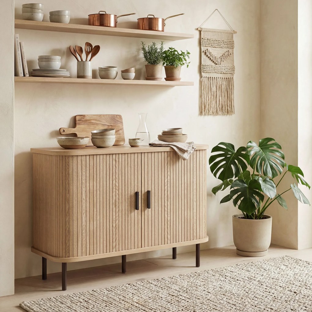 HOMCOM Bufet pentru living, corp de depozitare cu 2 uși culisante tambur cu lamele și 4 compartimente, stejar | Aosom Romania