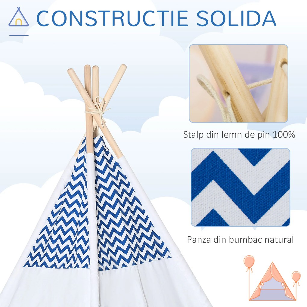 HOMCOM Cort Teepee Indian Gri și Alb pentru Copii 3-6 Ani, Spațiu de Joacă Interior/Exterior, Ușor de Asamblat | Aosom Romania