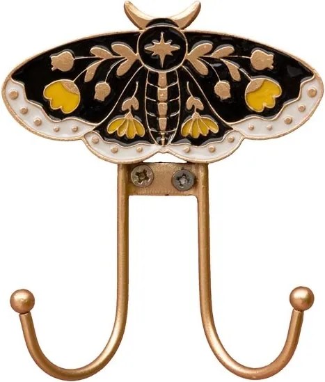 Cuier de perete din metal, multicolor, model fluture negru pictat manual, două agățătoare aurii, finisaj lucios, 12,5 x 11 x 3 cm, „Nocturne”