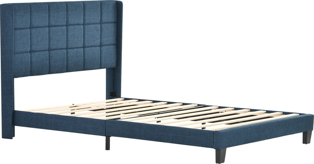 Pat dublu cu tăblie tapițată și somieră cu lamele, design elegant din in, fără saltea, 140x200 cm, Albastru