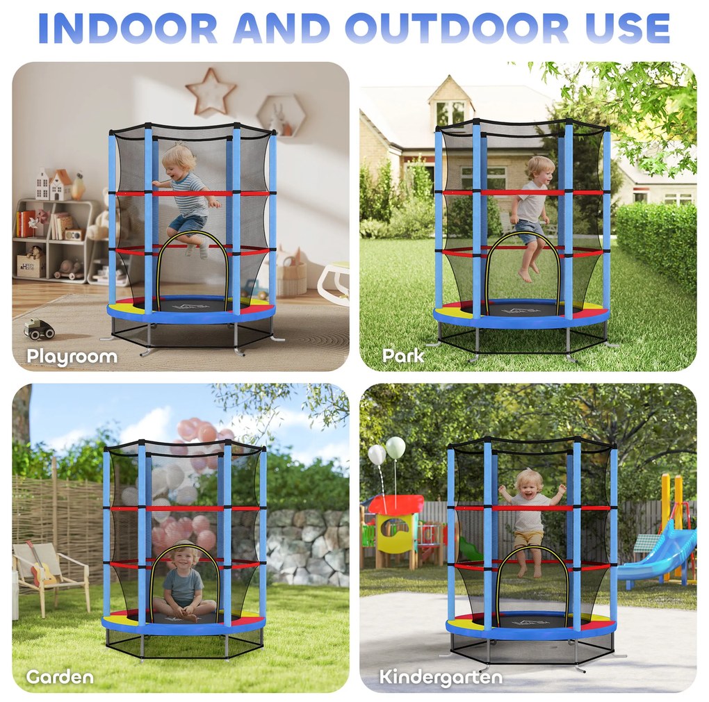 HOMCOM Saltea Elastică pentru Copii 3-6 Ani cu Plasă de Protecție, 6 Stâlpi și 3 Intrări, Ø140x190 cm, Multicolor | Aosom Romania