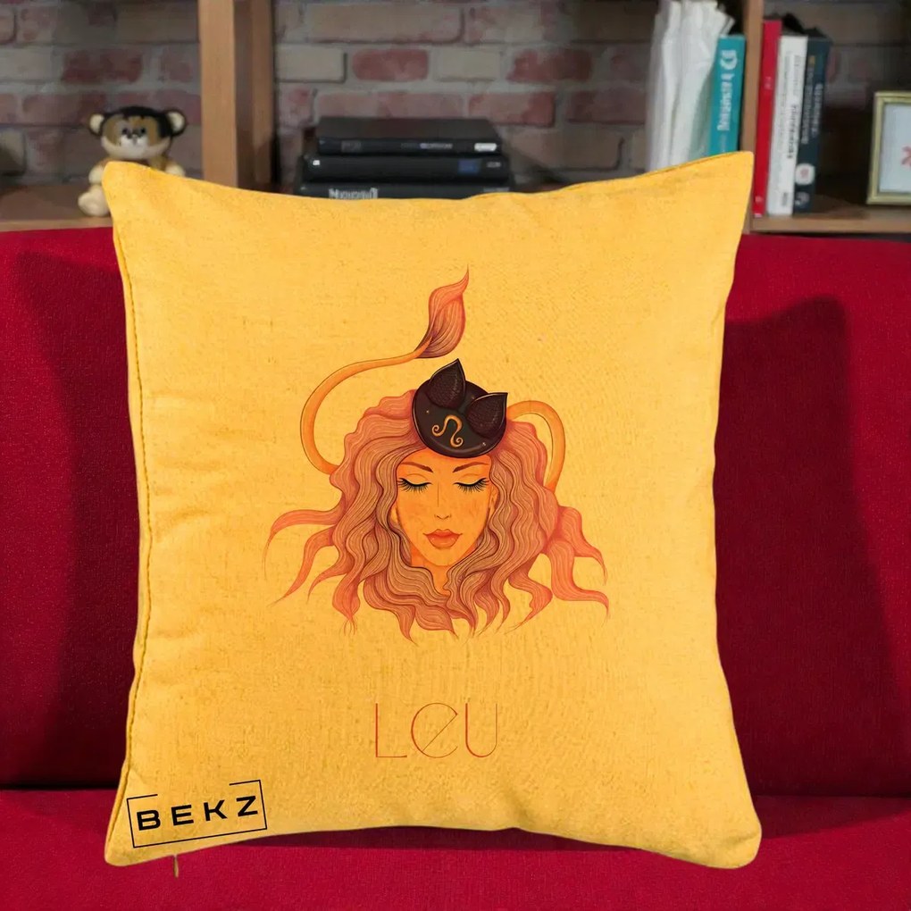 Perna Personalizata Zodie Leu, 40x40 cm, Galben, Husa Detasabila, Perna Inclusa, BEKZ®