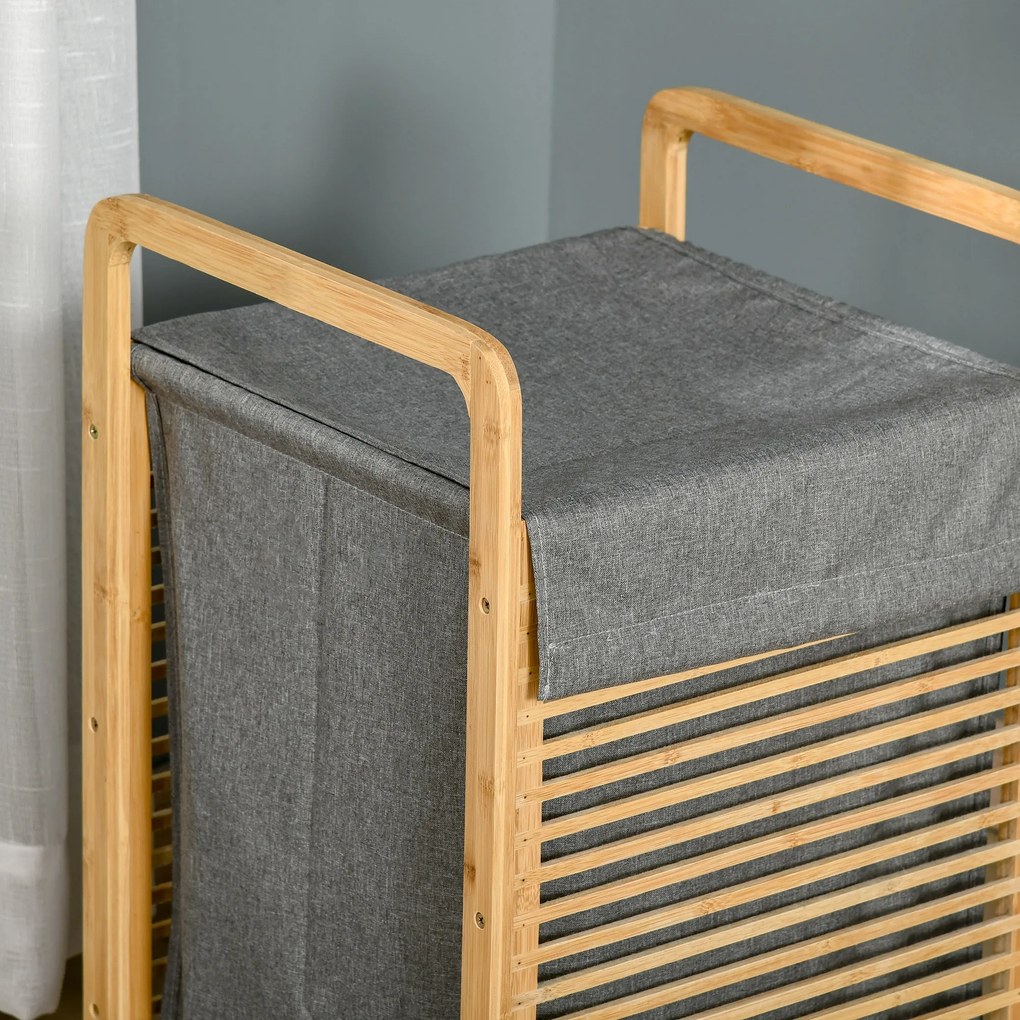 HOMCOM Coș de Rufe Stil Nordic, Mobilier Baie din Bambus și Pânză, Sac Detașabil, 40x35.5x60.5cm, Lemn și Gri | Aosom Romania