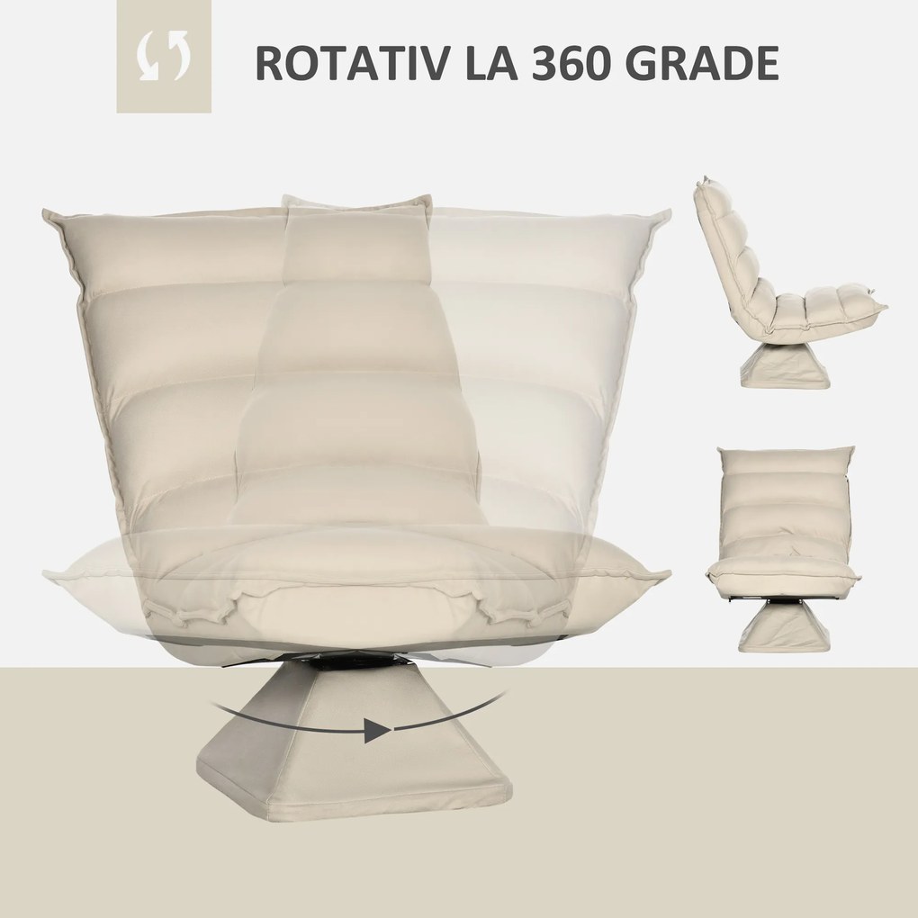 Fotoliu Relax din material capitonat cu pivotare la 360°, fotoliu rabatabil pe 3 nivele cu cadru din otel 62x62x95cm, bej HOMCOM | Aosom RO