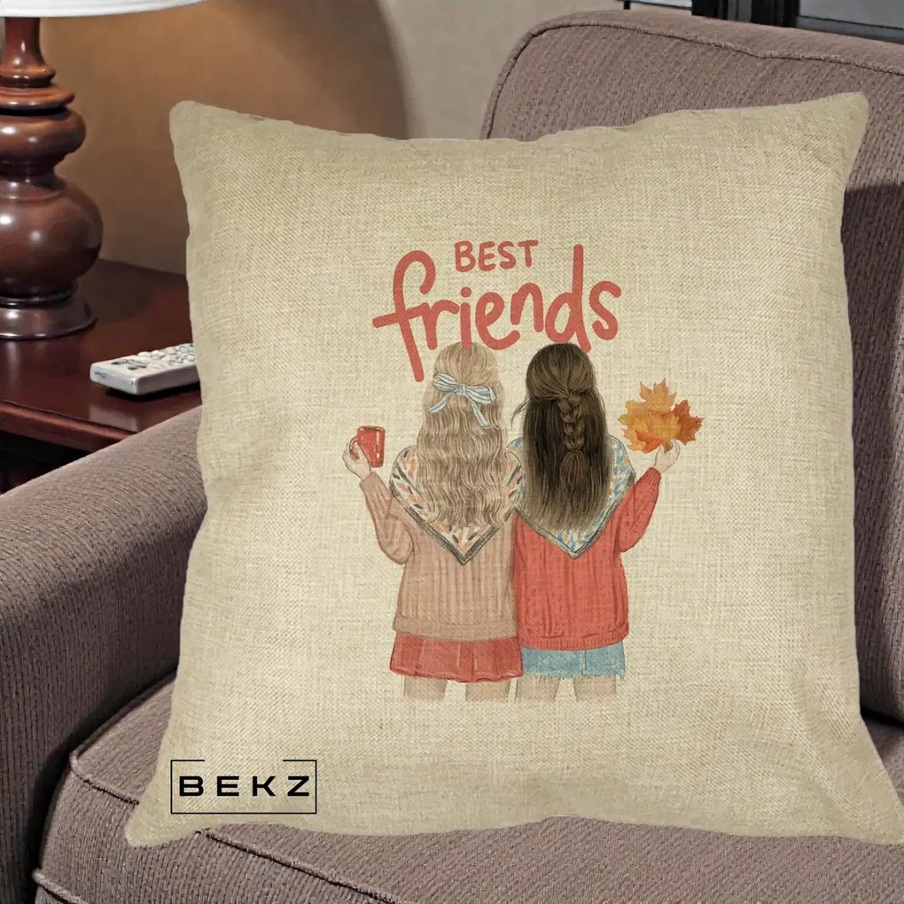 Cadou pentru Prieteni - Perna Personalizata Best Friends Toamna, 40x40 cm, Crem, Husa Detasabila, Perna Inclusa, BEKZ®