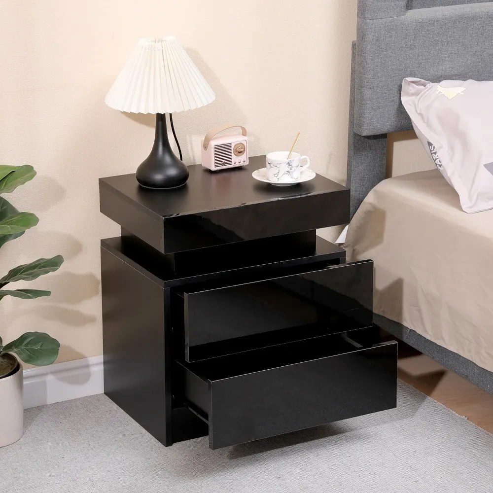 Noptieră cu 2 sertare, iluminare LED, Negru, 45x35x52 cm