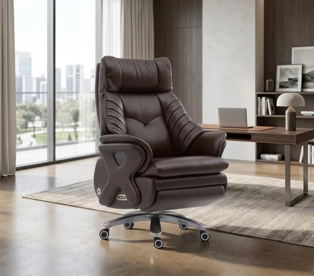 Prestige Executive AeroComfort P212 – Scaun Executiv Premium din Piele Naturală, Reclinabil Electric, Încălzire, Ventilație și Masaj Airbag, Suport pentru Picioare, 150 kg, Maro