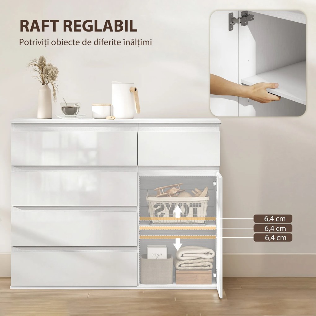 HOMCOM Bufet Modern cu 5 Sertare și Raft Reglabil, Alb Lucios | Aosom Romania