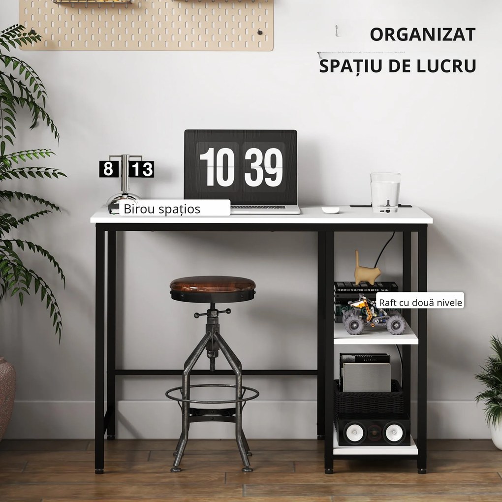 HOMCOM Birou pentru Computer cu 2 Rafturi Reversibile și Prize de Încărcare USB Integrate, 100x50x75 cm, Alb și Negru | Aosom Romania