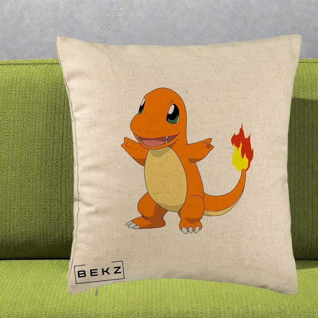 Perna Personalizata Charmander Pokemon, 40x40 cm, Bej, Husa Detasabila, Perna Inclusa, BEKZ®