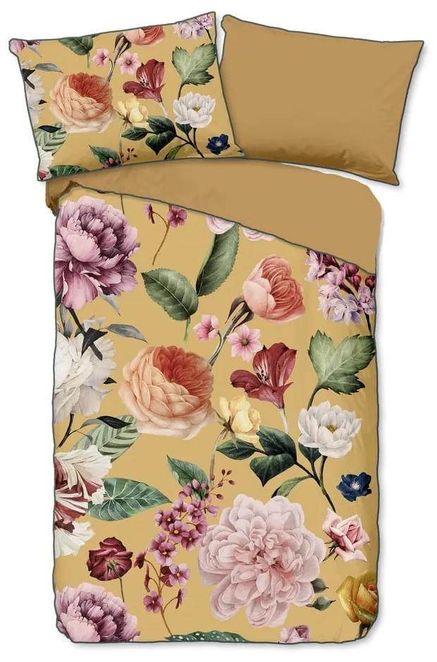 Lenjerie de pat din bumbac organic pentru pat de o persoană Descanso Flowery, 140 x 200 cm, galben