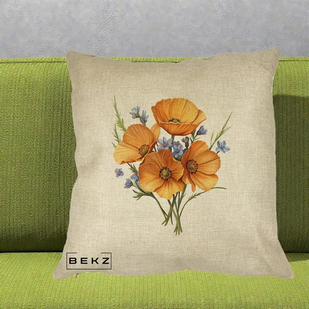 Perna Decorativa Maci Portocalii cu Floricele Albastre, 40x40 cm, Crem, Husa Detasabila, Perna Inclusa, BEKZ®