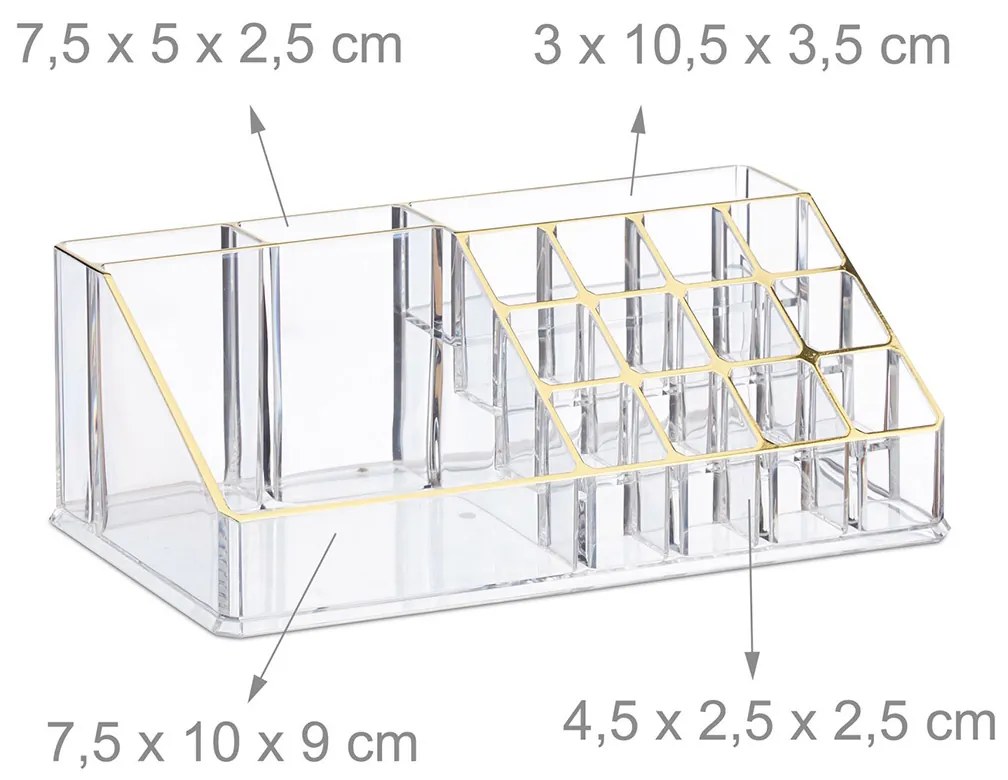 Organizator produse cosmetica 8 sertare  suport pentru pensule creioane si rujuri Transparent /Auriu Acril