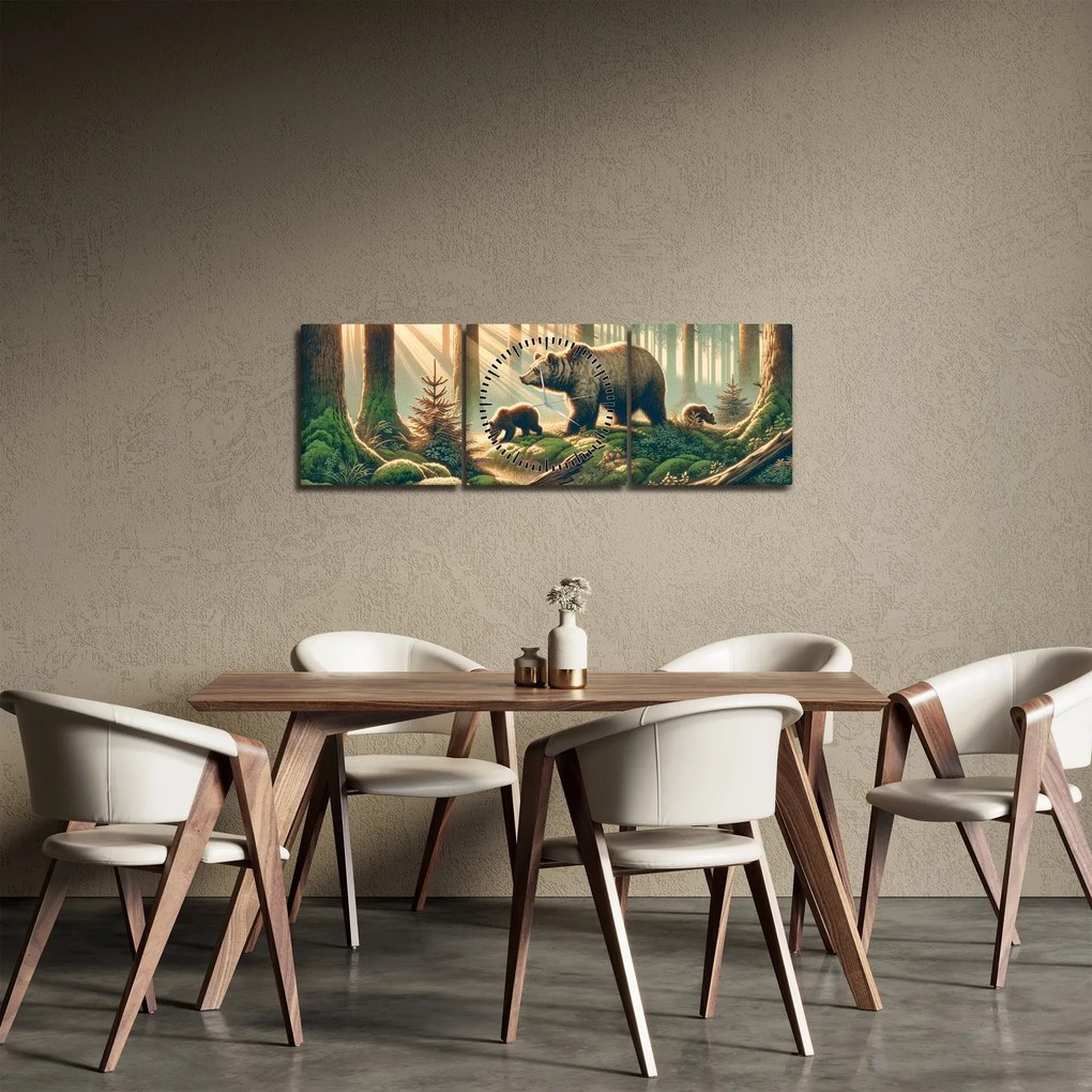 Tablou - Urși în pădure (cu ceas) (90x30 cm)