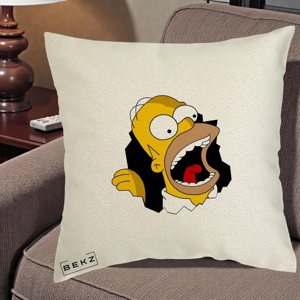 Perna Personalizata Homer Simpson Surpriza, 40x40 cm, Ecru, Husa Detasabila, Perna Inclusa, BEKZ®