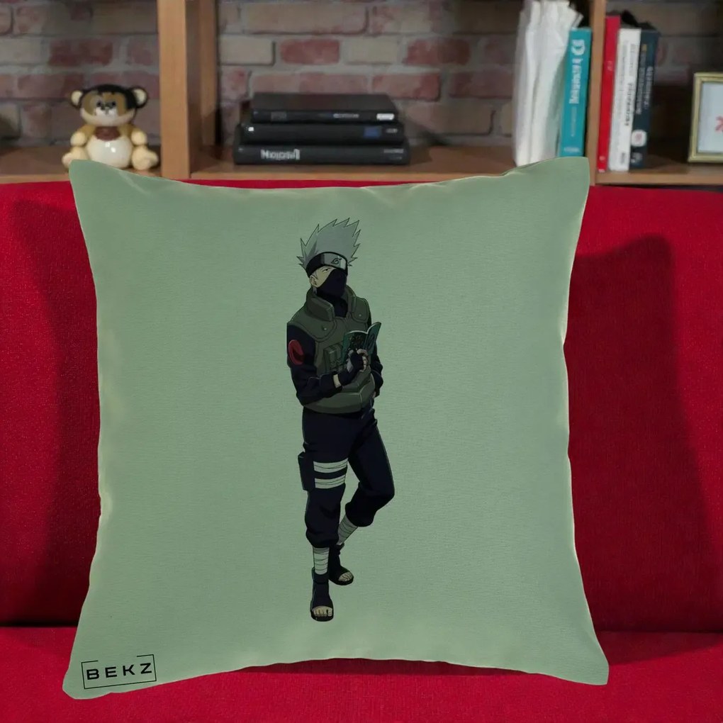 Perna Personalizata Naruto Kakashi Hatake Portret Complet, 40x40 cm, Verde, Husa Detasabila, Perna Inclusa, BEKZ®