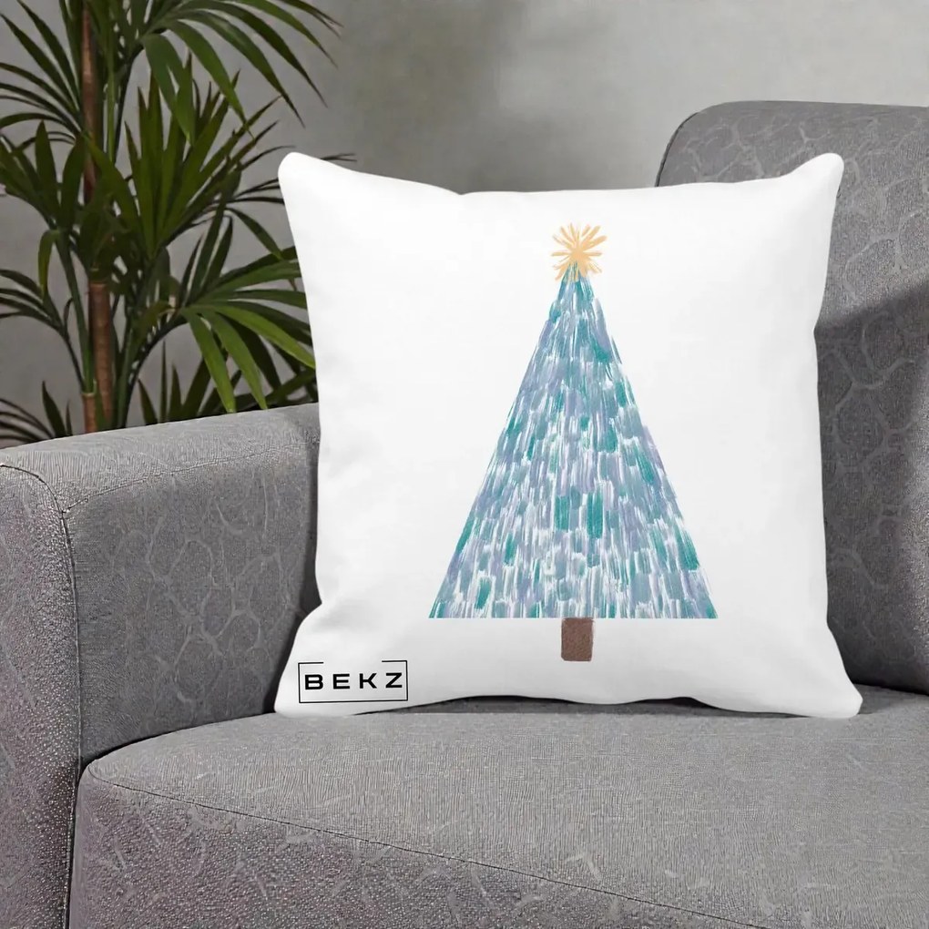 Perna Decorativa Brad de Craciun Acrilic Albastru, 40x40 cm, Alba Mata, Husa Detasabila, Perna Inclusa, BEKZ®