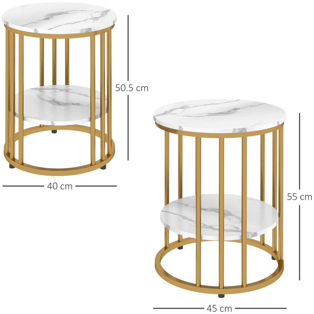 HOMCOM Lot de 2 mese de cafea rotunde mese de cafea efect marmură cu raft de depozitare deschis și cadru din oțel aur | Aosom Romania