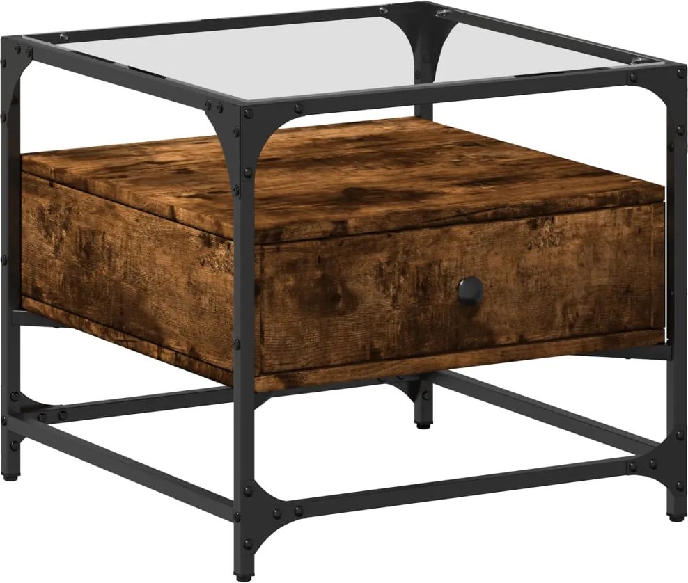 vidaXL Măsuță cafea blat din sticlă stejar fumuriu 50x50x45 cm oțel