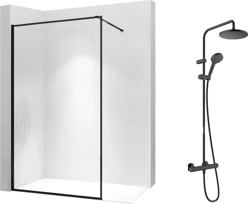 Pachet paravan dus Walk-In Rea Bler-1 negru 70x195 cm si coloana de dus Hansgrohe Vernis Blend negru