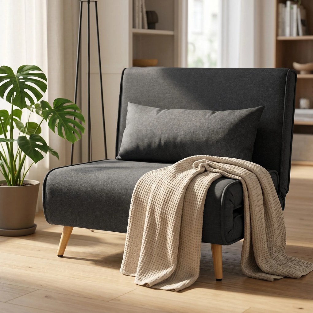 HOMCOM Fotoliu Extensibil 3 în 1 cu Spătar Reglabil pe 3 Niveluri și Pernă, Material Textil cu Aspect de In, Gri | Aosom Romania