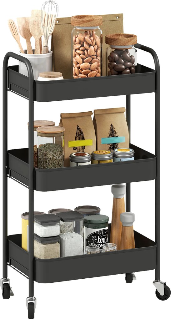 HOMCOM Cărucior multifuncțional mobil pentru bucătărie, 3 rafturi, 4 roți, 45 cm x 30,6 cm x 79 cm, Negru | Aosom Romania