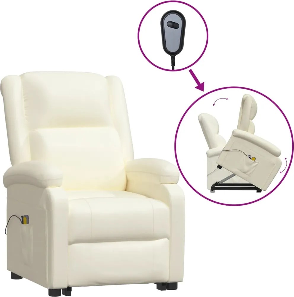 vidaXL Fotoliu de masaj cu ridicare, crem, piele ecologică