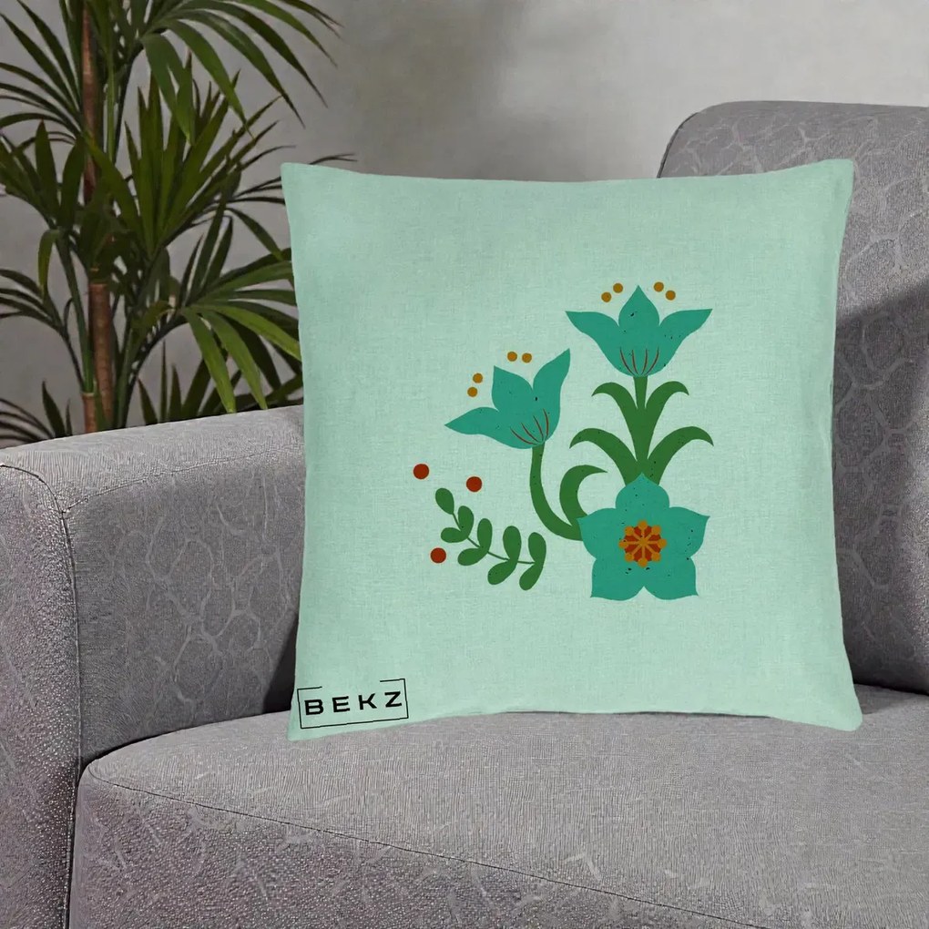 Perna Decorativa Flori Stilizate Folk Turcoaz, 40x40 cm, Verde Menta, Husa Detasabila, Perna Inclusa, BEKZ®