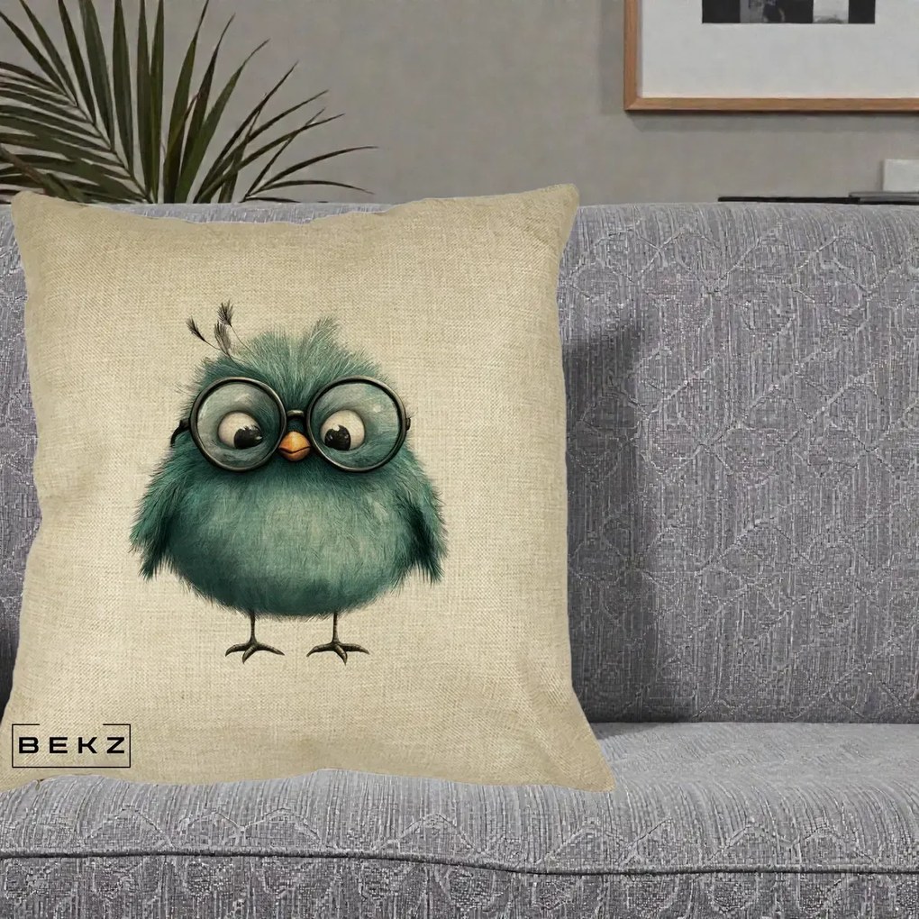 Perna Decorativa Pui Teal cu Ochelari Rotunzi, 40x40 cm, Crem, Husa Detasabila, Perna Inclusa, BEKZ®